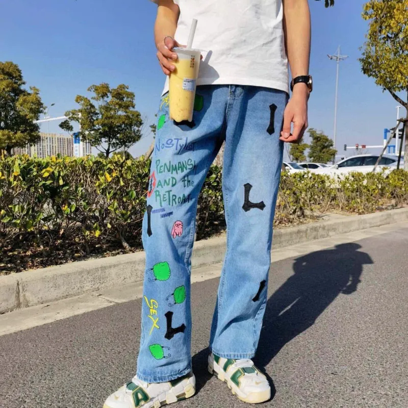 16 estilos parejas jeans para hombre casual pantalones largos otoño nuevos jeans de cuero de empalme pantalones de piernas recta