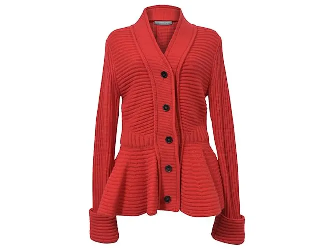 Alexander McQueen Cárdigan de punto grueso con peplum en lana roja 