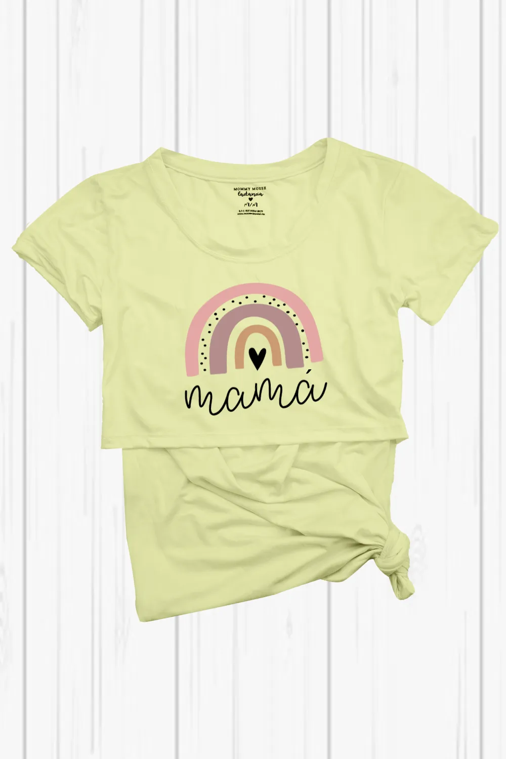 Blusa maternidad-lactancia mc estampada. mamá arcoiris amarillo