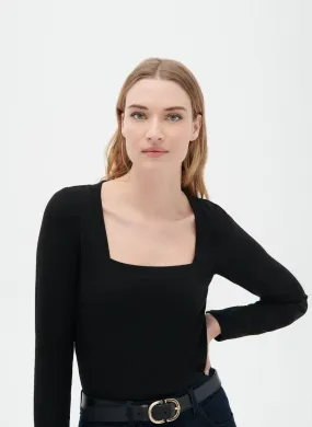 CAROLL TULA - Camiseta entallada de mezcla de algodón con cuello cuadrado en negro