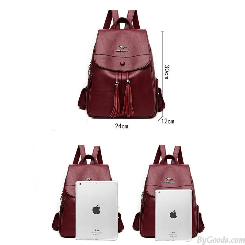 Elegant Kangaroo Tassel Capped Water Resistant Shopping Bag Gifts for Women Rucksack Daypack PU Leather Backpack