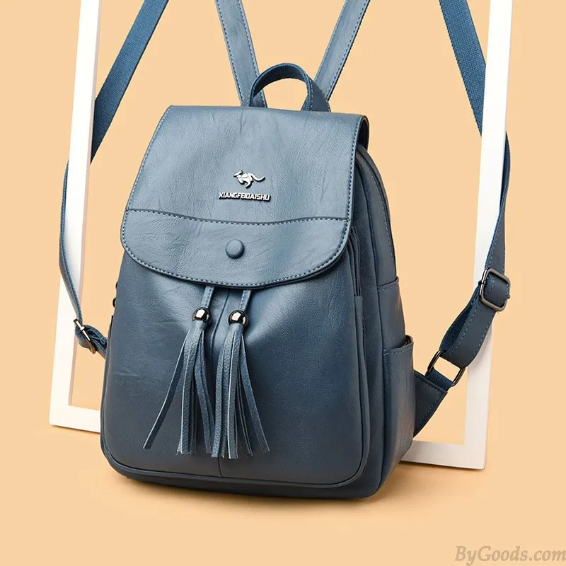 Elegant Kangaroo Tassel Capped Water Resistant Shopping Bag Gifts for Women Rucksack Daypack PU Leather Backpack