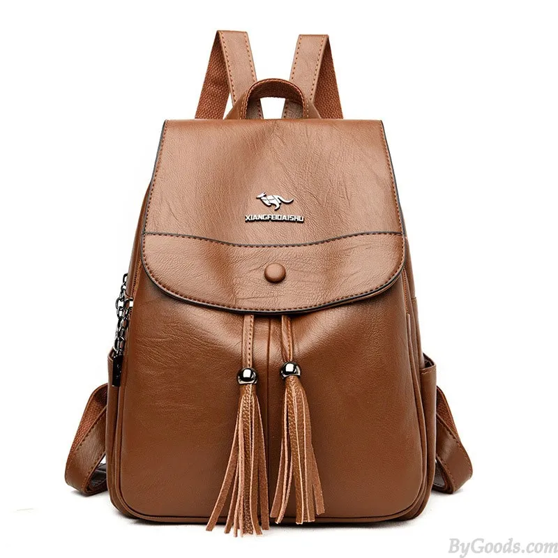 Elegant Kangaroo Tassel Capped Water Resistant Shopping Bag Gifts for Women Rucksack Daypack PU Leather Backpack