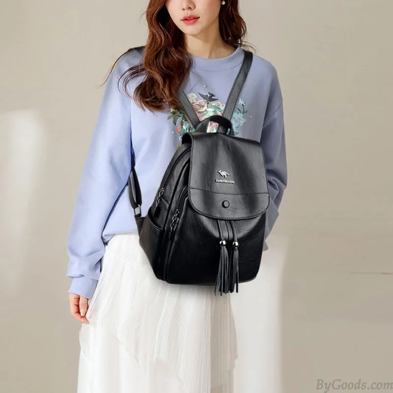 Elegant Kangaroo Tassel Capped Water Resistant Shopping Bag Gifts for Women Rucksack Daypack PU Leather Backpack