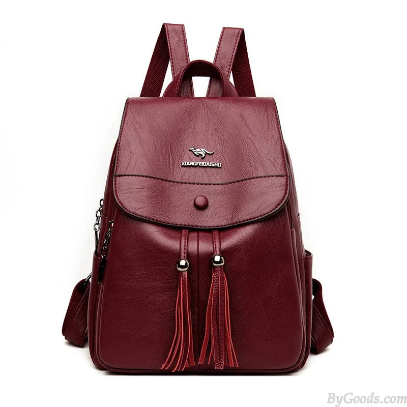 Elegant Kangaroo Tassel Capped Water Resistant Shopping Bag Gifts for Women Rucksack Daypack PU Leather Backpack