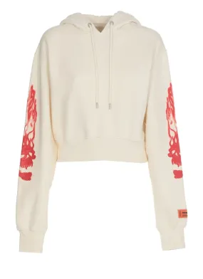 FLAMING SKULL CROP HOODIE WHITE RED