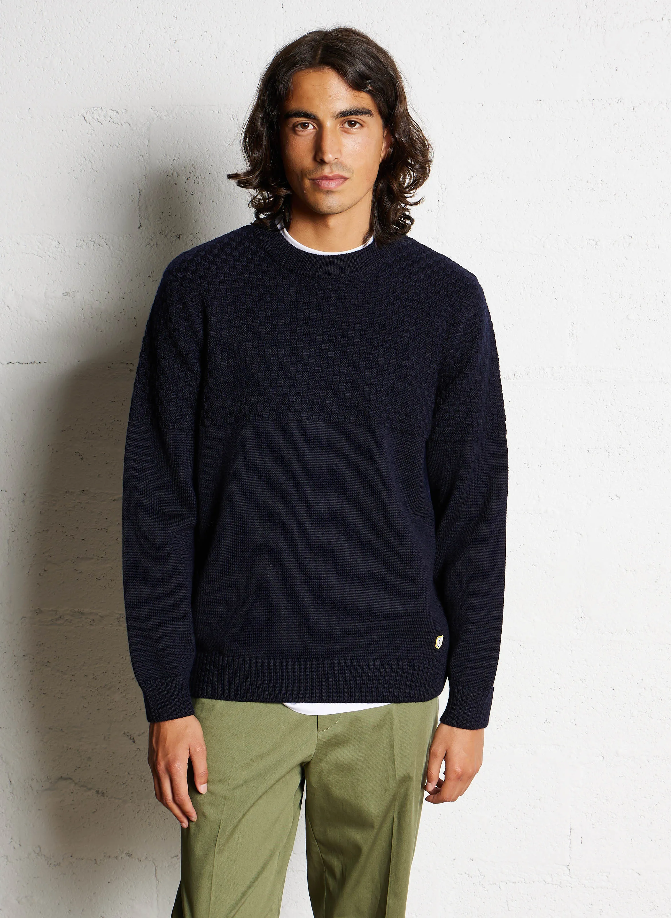 HERITAGE - Jersey recto de lana con cuello redondo en azul