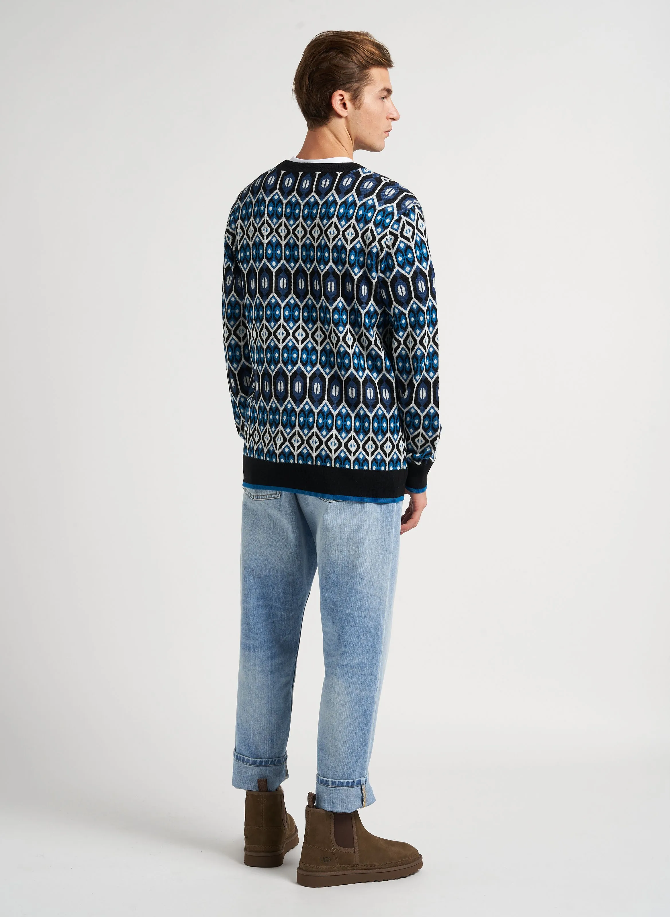 Jersey de mezcla de lana estampado con cuello redondo en azul