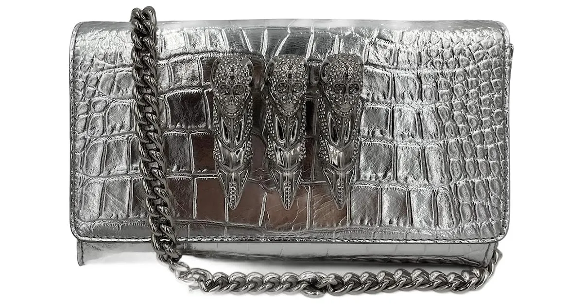 Philipp Plein Clutch con Solapa Pequeño Cuero de Ternera Cuero 2 Vías Impresión Croco Plata 