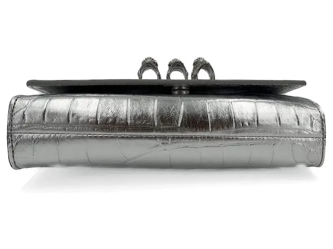 Philipp Plein Clutch con Solapa Pequeño Cuero de Ternera Cuero 2 Vías Impresión Croco Plata 