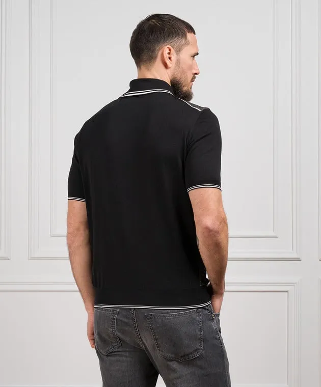 Stefano Ricci Black polo shirt with patterned silk
